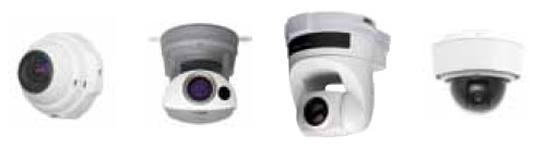Ilustrativn znzornn jednotlivch typ IP kamer dle konstrukce. Zleva nemechanick IP PTZ kamera, dvojice mechanickch IP PTZ kamer a IP PTZ dome kamera.