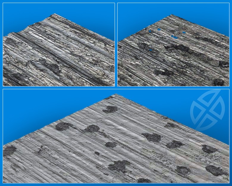 Topografie povrchu materiálu obráběného v PBS Turbo. Snímky ukazují postupný vývoj v kvalitě povrchu během procesu optimalizace geometrie nástroje od Rotany.