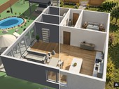 Tentýž návrh dvakrát: vlevo 3D model domu se zahradou z plánovače Homeplot, vpravo realistická vizualizace, kterou z něj vytvořila umělá inteligence. Foto: Jan Fűri, Homeplot